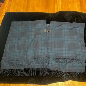 Chaps Blue and green Plaid Fringe Poncho